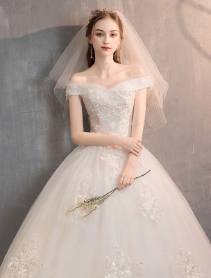 Robes de mariée ivoire Tulle hors de l'épaule dentelle appliques longueur de plancher princesse robe de mariée_6