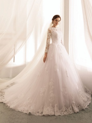 Wedding Dresses 2021 Princess Silhouette Bateau Neck Long Sleeve Natural Waist Lace Tulle Bridal Gowns_2