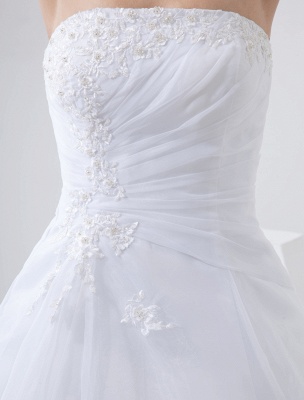 White Wedding Dresses Strapless Bridal Gown Lace Beading Side Draped Bridal Dress With Train_7