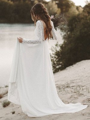 Simple Wedding Dress A Line V Neck Long Sleeve Floor Length Chiffon Lace Beach Wedding Dresses_3