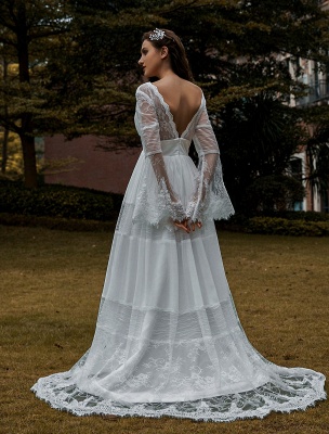 Bridal Gowns Boho Wedding Dress Long Sleeves Lace V-Neck Lace Chiffon Wedding Gowns Exclusive_2