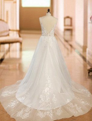Robe de mariée simple 2021 une ligne col en V bretelles dentelle sans manches appliqued tulle robe de mariée_6