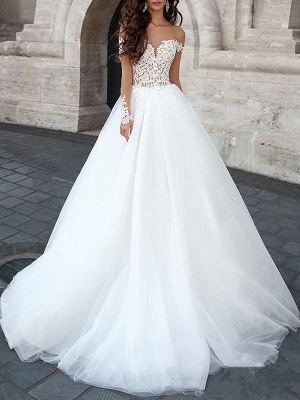 Princess Wedding Dress 2021 Ball Gown Sweetheart Neck Long Sleeves Backless Lace Tulle Bridal Dresses With Court Train_1