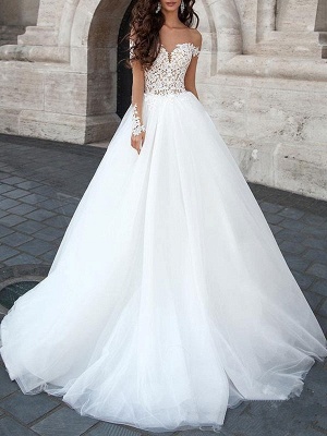 Robe de mariée princesse 2021 robe de bal chérie cou manches longues dos nu dentelle tulle robes de mariée avec train de la cour_1