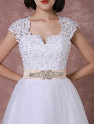 Vintage Wedding Dress Short Lace Tulle Bridal Gown Back Design Tea-Length A-Line Reception Bridal Dress With Rhinestone Detachable Bow Sash Exclusive_7