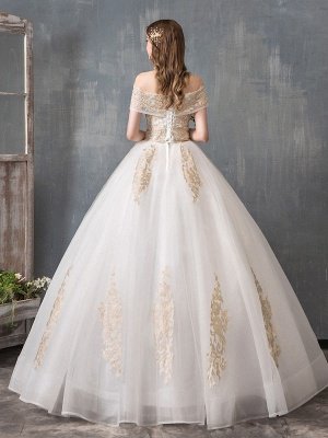 Robes de mariée 2021 robe de bal hors épaule dentelle dorée appliqued étage longueur robe de mariée_3