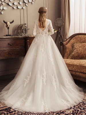 Ivory Wedding Dresses Lace Applique Jewel Neck 3/4 Length Sleeve Princess Bridal Gown With Train_3