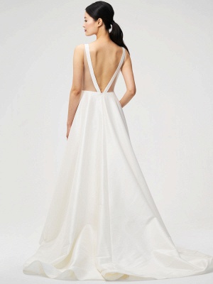 White Vintage Wedding Dress Chapel Train Strapless Sleeveless Pockets Satin Fabric Traditional Dresses For Bride_2