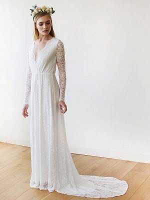 Lace Wedding Dress With Train A-Line Long Sleeves V-Neck Ivory Bridal Gowns_1