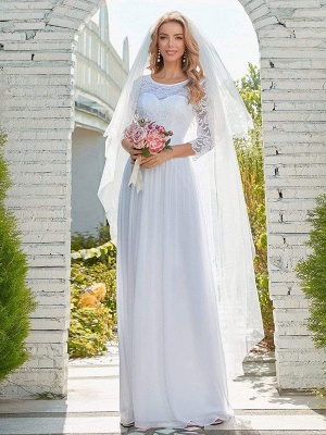 Robe de mariée blanche simple dentelle col bijou dentelle mousseline de soie demi-manches taille naturelle A-ligne robes de mariée_2