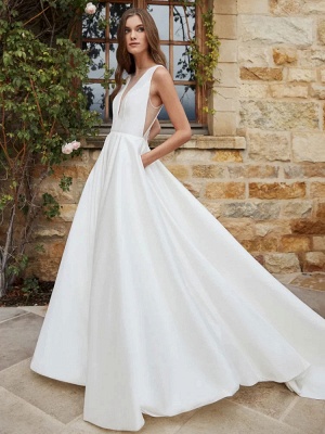 Robe de mariée simple blanche A-ligne avec train col en V poches sans manches robes de mariée en tissu satiné_1