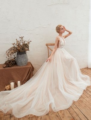 Wedding Dress 2021 V Neck Sleeveless A Line Tulle Bridal Gowns With Train_3