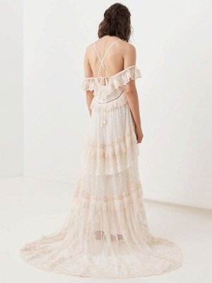 Boho Brautkleid Anzug 2021 V-Ausschnitt Bodenlangen Spitze Mehrschichtiges Brautkleid Kleid und Outfit_8