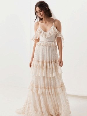 Vestido de novia boho traje 2021 con cuello en V hasta el suelo vestido de novia de múltiples capas de encaje vestido y atuendo_7