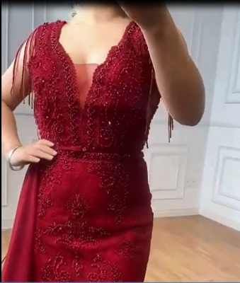 Charmante Quaste Ärmel Meerjungfrau Abendkleid Glitzer Perlen Spitze Applikationen Partykleid_3