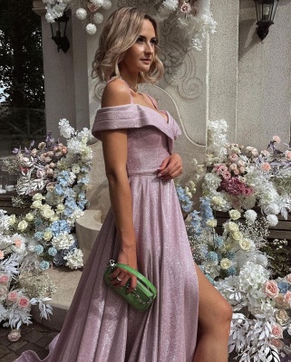 Shinny Sequins Off Shoulder Long Prom Dress with Side Slit Lilac Party Dress_2