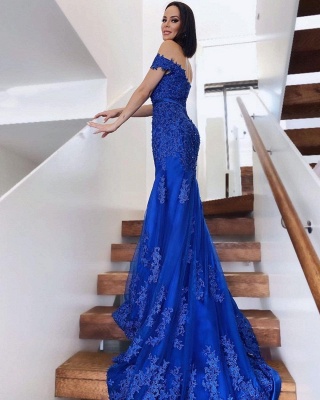Elegant Off  Shoulder Mermaid Evening Gown Tulle Lace Appliques Long Formal Dress_2