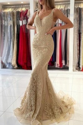 Stunning V-Neck Sleeveless Slim Mermaid Evening Gown Floral Lace_1