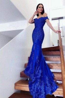 Elegant Off  Shoulder Mermaid Evening Gown Tulle Lace Appliques Long Formal Dress_1