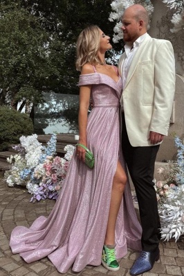 Shinny Sequins Off Shoulder Long Prom Dress with Side Slit Lilac Party Dress_1