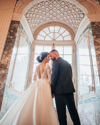 Elegante vestido de novia blanco de manga larga con encaje floral, sirena, vestido de novia con cola desmontable_5