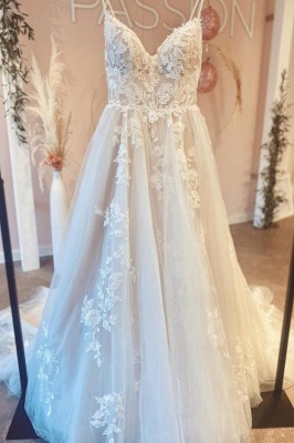 Correas espaguetis simples Vestido de novia de una línea Vestido de novia con apliques de encaje de tul blanco_2