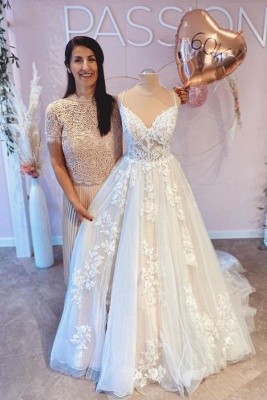 Correas espaguetis simples Vestido de novia de una línea Vestido de novia con apliques de encaje de tul blanco_1