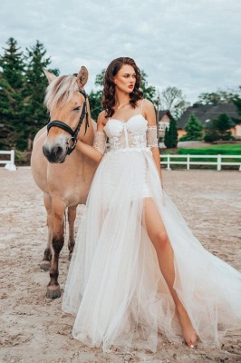 Boho Spaghetti Straps Tulle Wedding Dress with Side Split_1