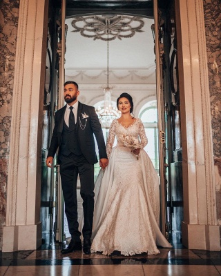 Élégante robe de mariée blanche à manches longues en dentelle florale robe de mariée sirène avec train détachable_8