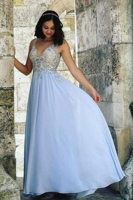 Stylish V-Neck A-line Evening Dress 3D Lace Sleeveless Chiffon Formal Dress Floor Length_1