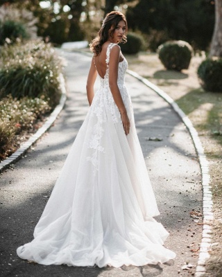 A-line Wedding Dres Cap Sleeves Blanc Tulle Dentelle Robe De Mariée Longueur De Plancher_2