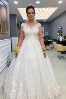 Precioso vestido de novia de encaje blanco con mangas casquillo Vestido de novia de una línea de tul_1