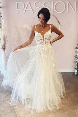 Romantic Floral Lace Wedding Dress Sleeveless Aline Bridal Dress V-Neck_1