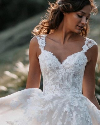 Vestido de novia de encaje de tul blanco con mangas casquillo de una línea de vestidos de boda Longitud del piso_3