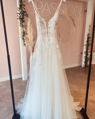 Romantic Floral Lace Wedding Dress Sleeveless Aline Bridal Dress V-Neck_2