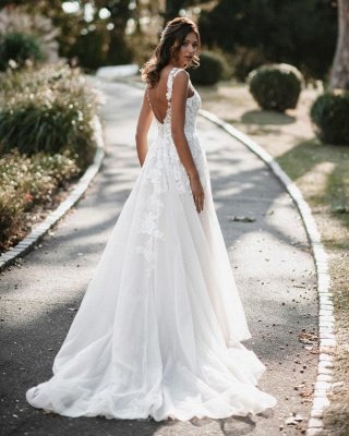 Vestido de novia de encaje de tul blanco con mangas casquillo de una línea de vestidos de boda Longitud del piso_2