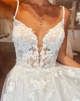 Romantic Floral Lace Wedding Dress Sleeveless Aline Bridal Dress V-Neck_5