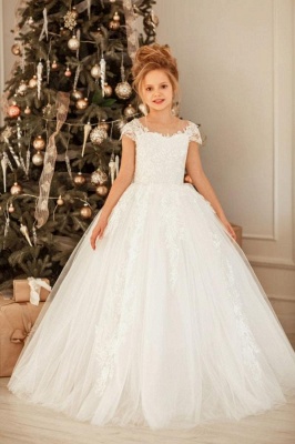 Cap Sleeves Lace Little Girl Dress Christmas Party White Princess Dress_1