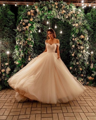 Off Shoulder Soft Tulle Princess Wedding Dress Romantic Satin Aline Ball Gown_2