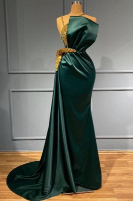 Charming Dark Green Satin Mermaid Wedding Dress Gold Embellishment_1