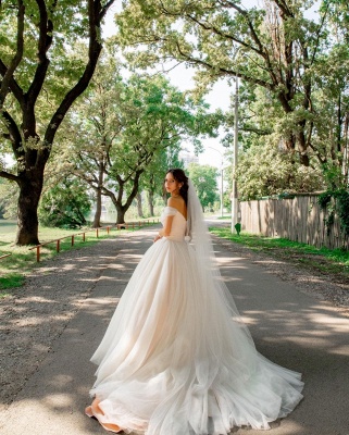 Off Shoulder Soft Tulle Princess Wedding Dress Romantic Satin Aline Ball Gown_7