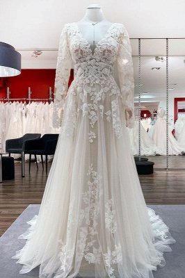 Romantic White Long Sleeves Wedding Dress Floral Lace Aline Bridal Dress_1