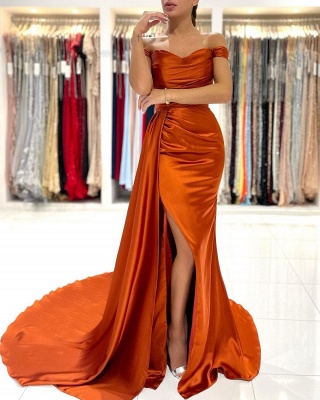Encantador vestido de noche de sirena naranja con hombros descubiertos_4