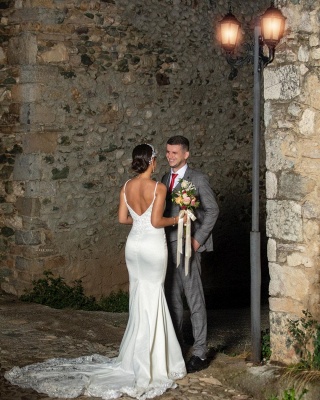 Sexy Spaghetti Straps White Mermaid Wedding Dress with Lace Appliques_3