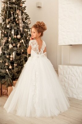 Cap Sleeves Lace Little Girl Dress Christmas Party White Princess Dress_5