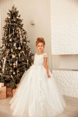 Cap Sleeves Lace Little Girl Dress Christmas Party White Princess Dress_6