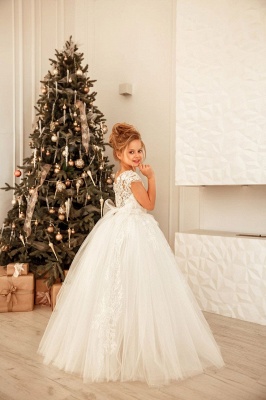 Cap Sleeves Lace Little Girl Dress Christmas Party White Princess Dress_2