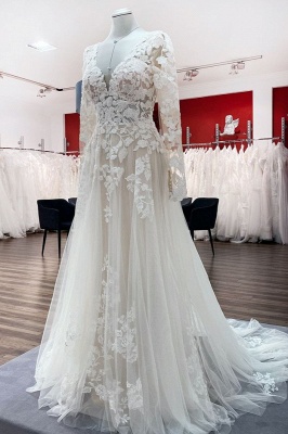 Romantic White Long Sleeves Wedding Dress Floral Lace Aline Bridal Dress_3