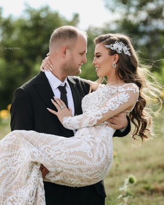 Precioso vestido de novia de sirena de mangas largas blanco vestido de novia de jardín de encaje floral_2