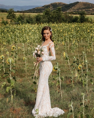 Precioso vestido de novia de sirena de mangas largas blanco vestido de novia de jardín de encaje floral_7